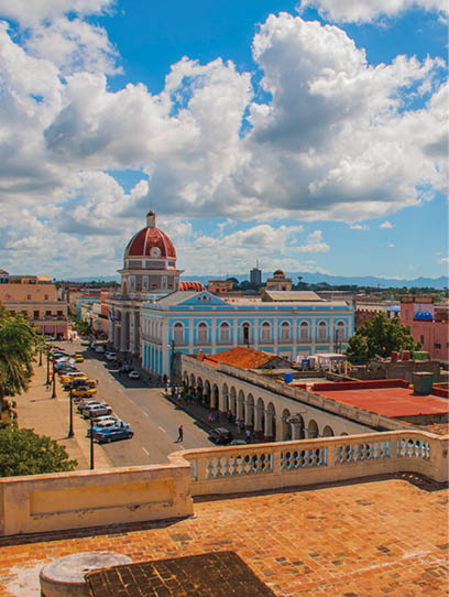 CIENFUEGOS, CUBA, Palacio Ferrer: Panorama that opens from the terrace of the Palace to the Central square and building Municipality