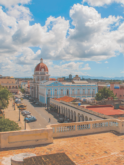 CIENFUEGOS, CUBA, Palacio Ferrer: Panorama that opens from the terrace of the Palace to the Central square and building Municipality