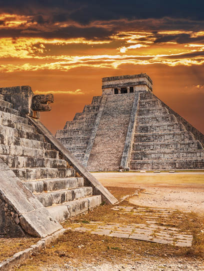 Chichen Itza, Yucatan. Jaguar temple and Kukulkan, famous Maya pyramid in Mexico, world heritage.