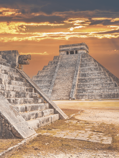 Chichen Itza, Yucatan. Jaguar temple and Kukulkan, famous Maya pyramid in Mexico, world heritage.
