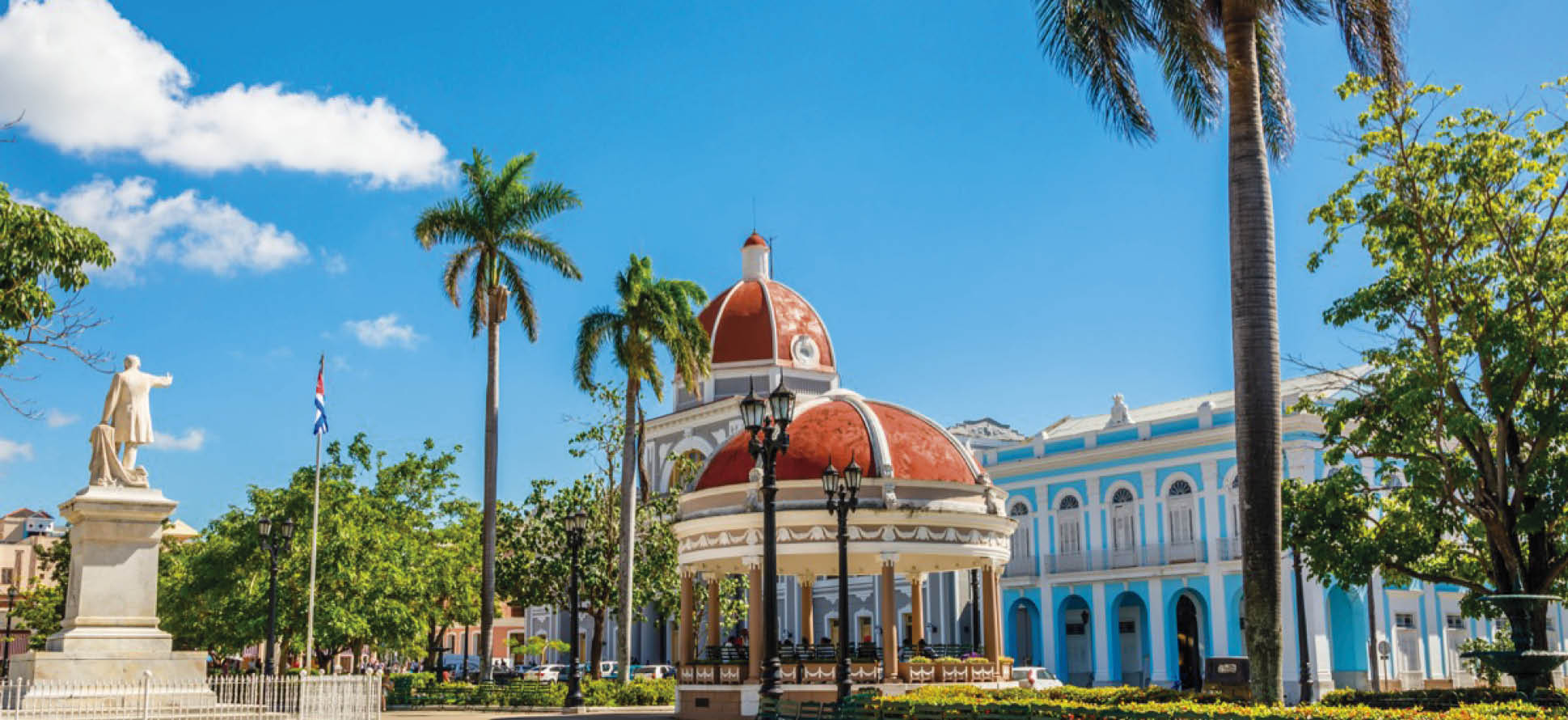 Cienfuegos Jose Marti central park with palms and historical buildings, Cienfuegos Province, Cuba