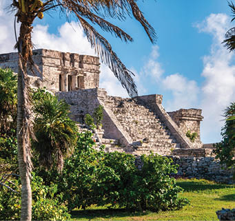 Mayan Ruins in Tulum at the Tulum Archeological Zone in Quintana Roo, Mexico on the Yucatan Peninsula