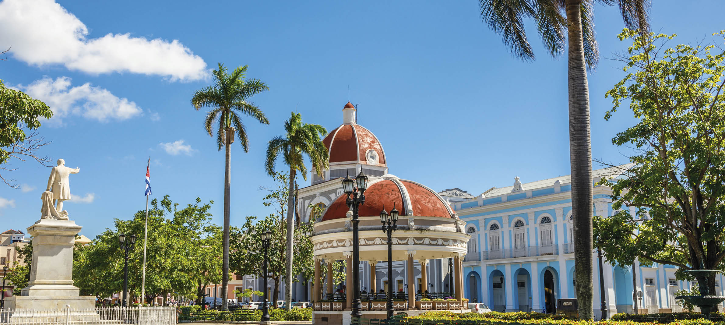 Cienfuegos Jose Marti central park with palms and historical buildings, Cienfuegos Province, Cuba