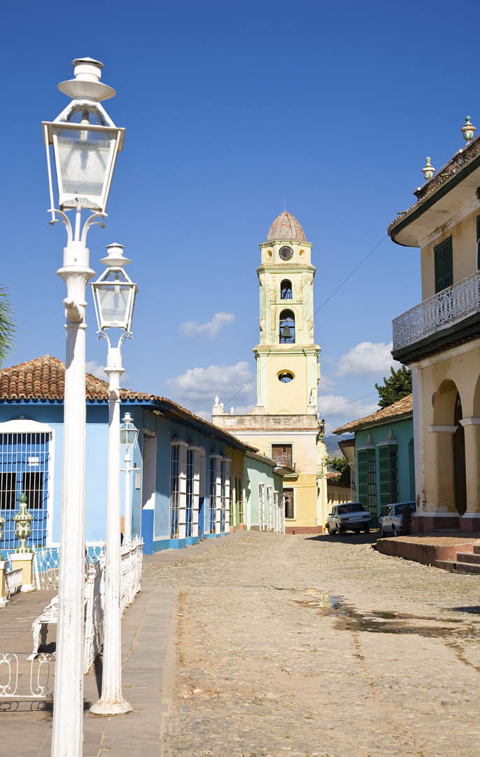 The tower of the San Francisco Convent seen from the Plaza Mayor, the center of the colonial city of Trinidad, Cuba